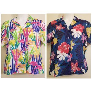 Cheryl Tiegs 16 Blue Tropical Floral Bright Flamingos Blouse Lot‎ of 2 Vintage